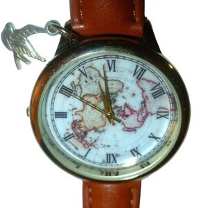 Accutime World Map Dial Watch Bird Charm PC21J Japan Movt Gold Tone New Battery